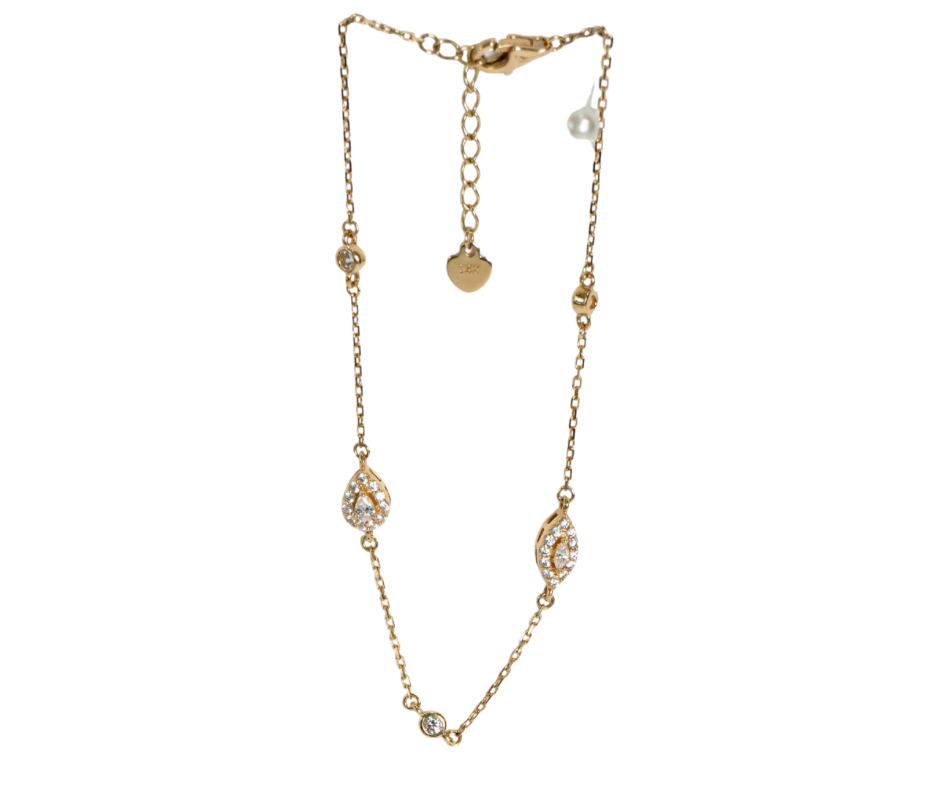 Pulsera con Dije y Piedras Blancas de 8" en Oro 14K