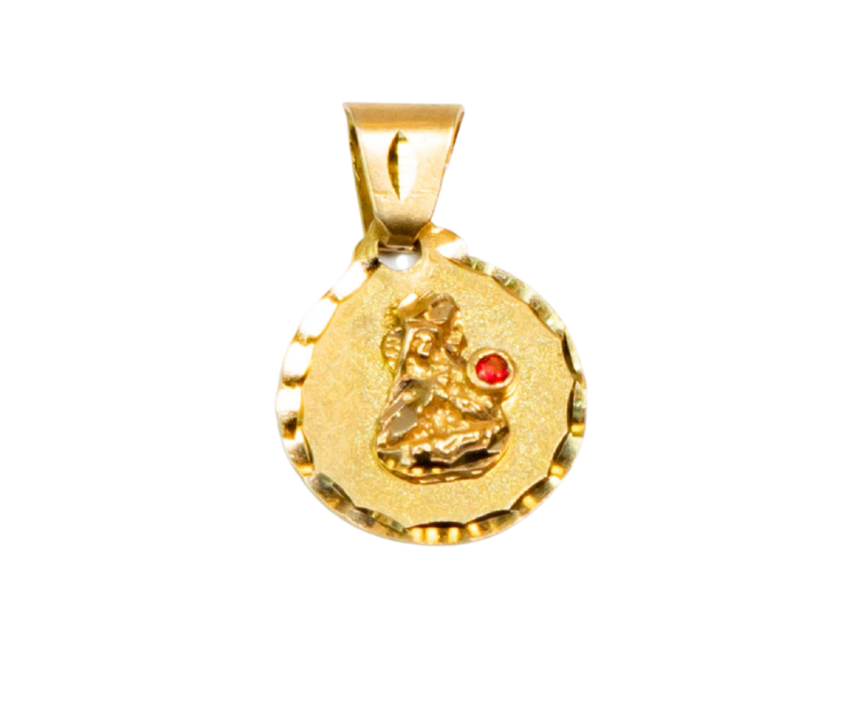 Medalla con piedra roja Virgen en Oro 14K