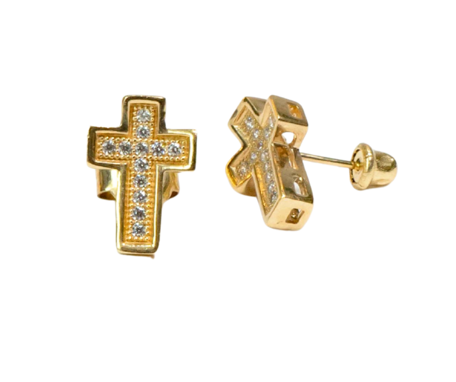 Aretes Palito con Piedra Blanca en Forma de Cruz en Oro 14K