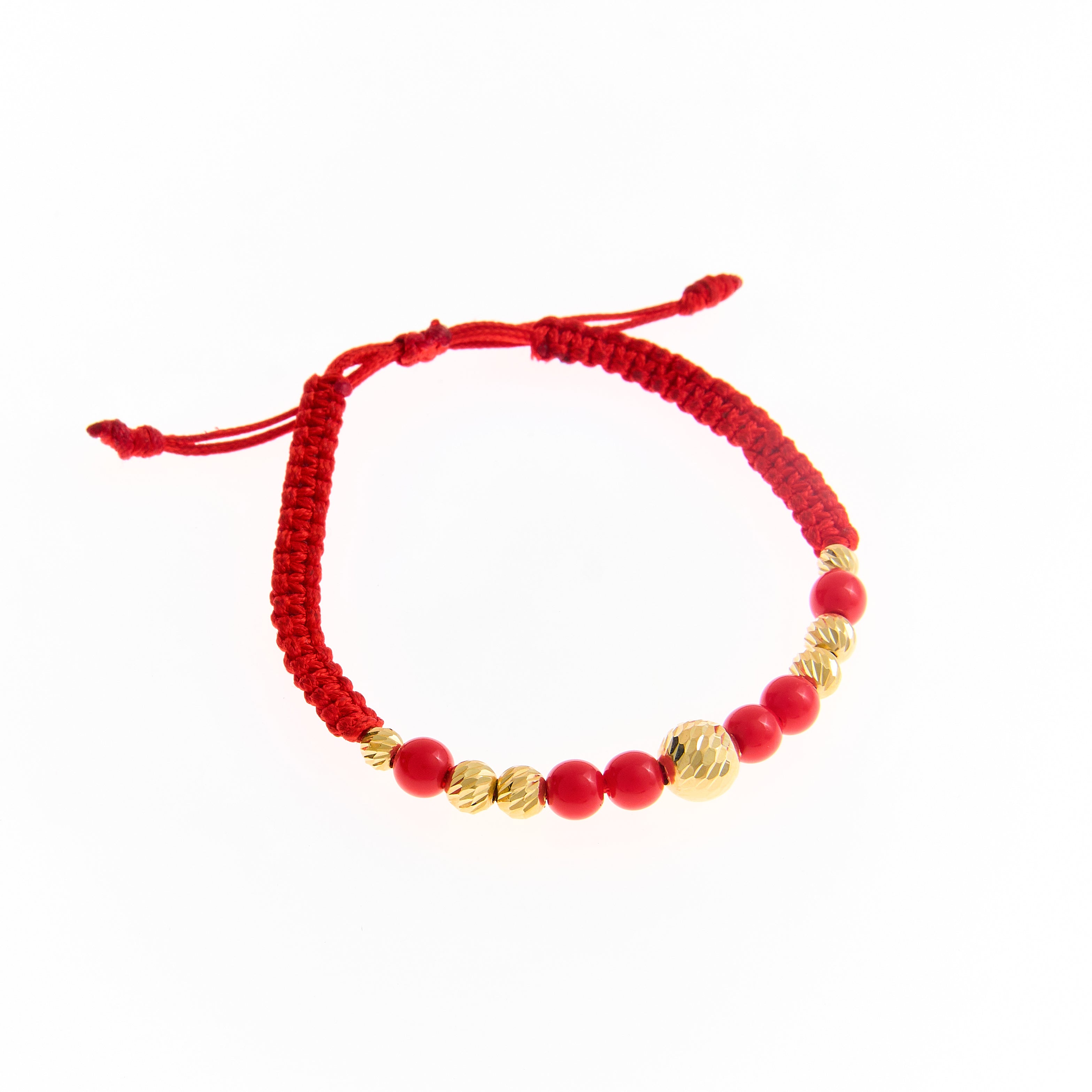 Pulsera Hilo Rojo con Esferas Oro 8mm y 5mm