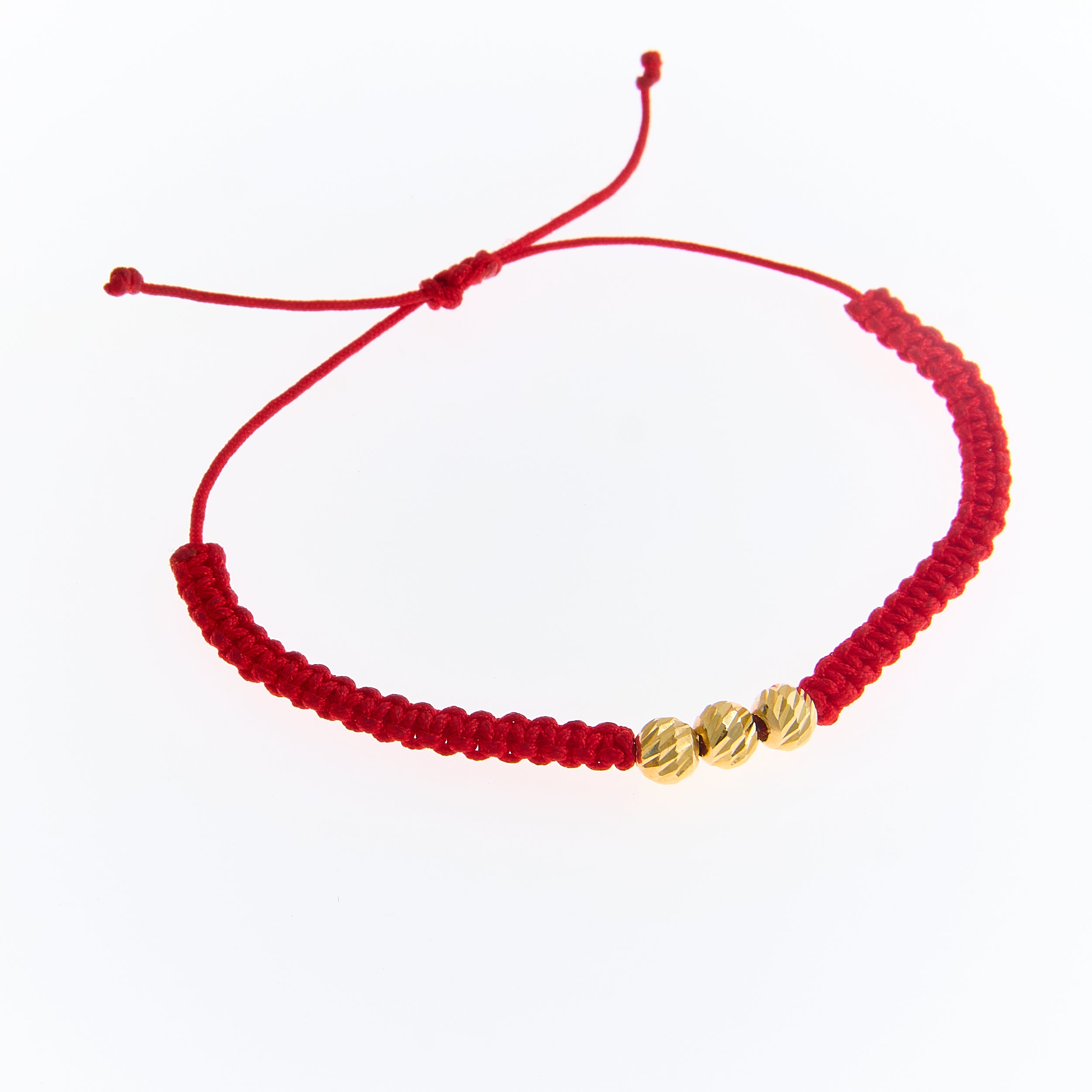 Pulsera Hilo Rojo con 3 Esferas Oro 5mm